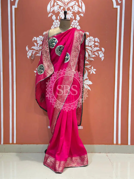 13 BOOTA PURE RUSSIAN SILK ZARI PATCHWORK GOTA PATTI SAREE Pink / Free Size