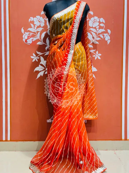 30 GM ROYAL GEORGETTE LEHERIYA GOTA PATTI SAREE Orange / Free Size