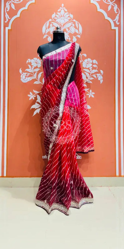 30 GM ROYAL GEORGETTE LEHERIYA GOTA PATTI SAREE Red / Free Size