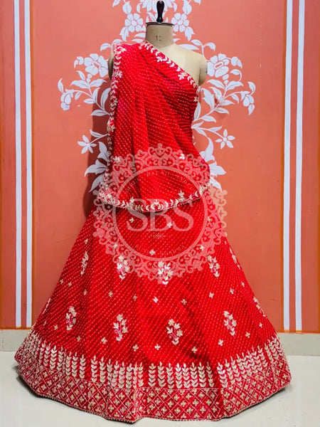 60 GM GEORGETTE LEHERIYA LEHENGA Red / Free Size