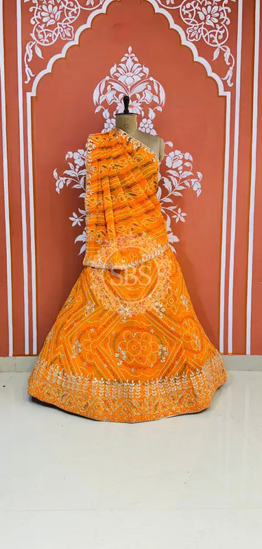 60GM GEORGETTE BANDHANI HANDWORK LEHENGA Yellow / Free Size