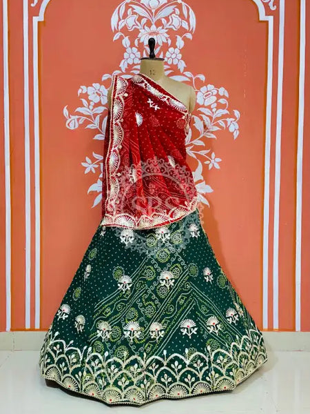 60GM GEORGETTE BHANDHANI GOTA PATTI LEHENGA Green & Rani / Free Size