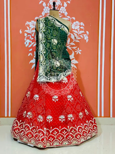 60GM GEORGETTE BHANDHANI GOTA PATTI LEHENGA Green & Red / Free Size