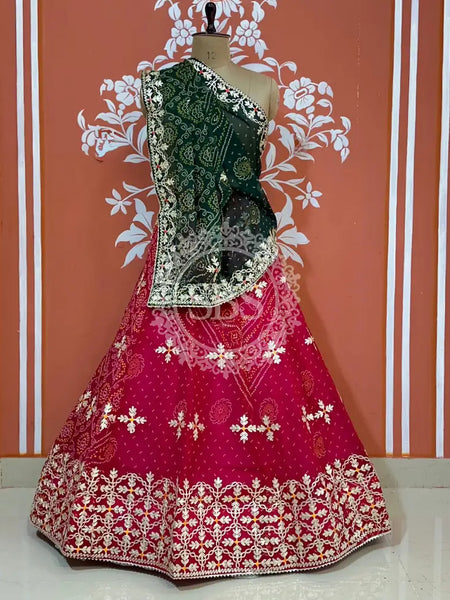 60GM GEORGETTE BHANDHANI GOTA PATTI LEHENGA Green & Red / Free Size