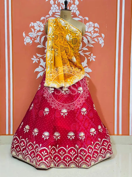 60GM GEORGETTE BHANDHANI GOTA PATTI LEHENGA Rani & Yellow / Free Size