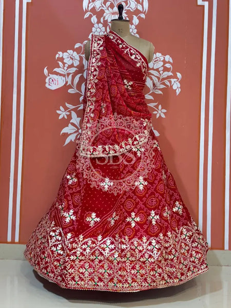 60GM GEORGETTE BHANDHANI GOTA PATTI LEHENGA Red / Free Size