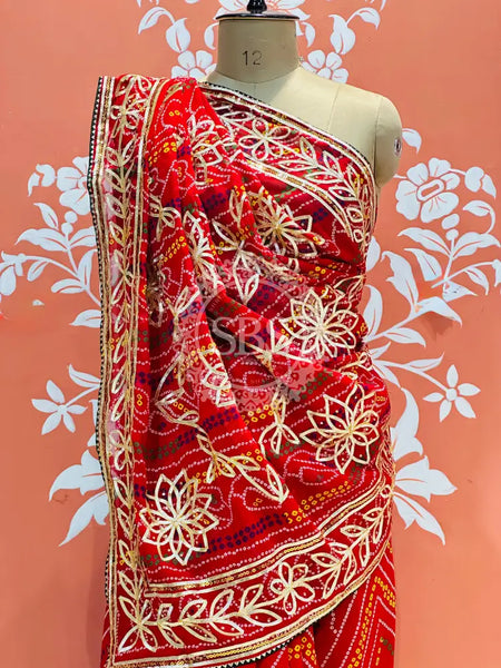 60GM GEORGETTE JAL&VINTAGE WORK WASHABLE SAREE Red / Free Size