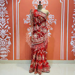 60GM GEORGETTE JAL&VINTAGE WORK WASHABLE SAREE Red / Free Size