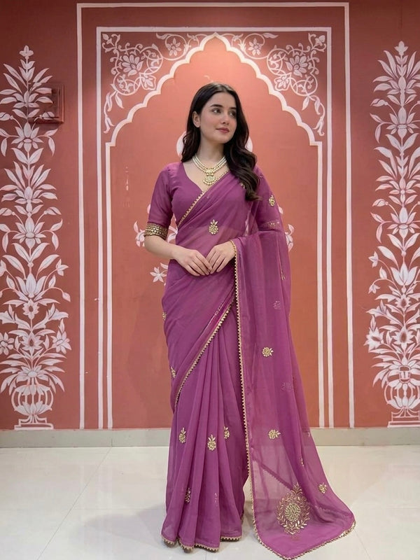 Kacchi Patti work Semi Chiffon saree