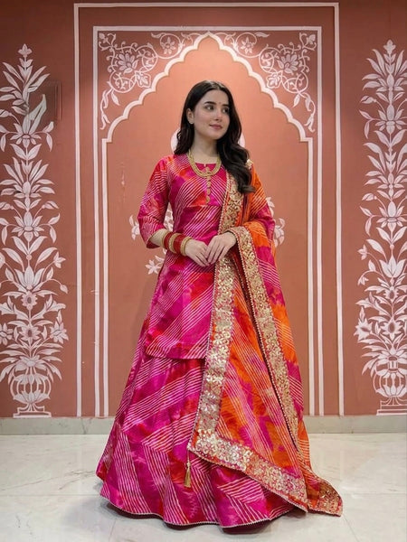 Kota Doriya Leheriya kurta with skirt and dupatta