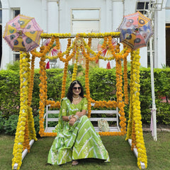 Pure Chinon leheriya lehenga with gota patti work