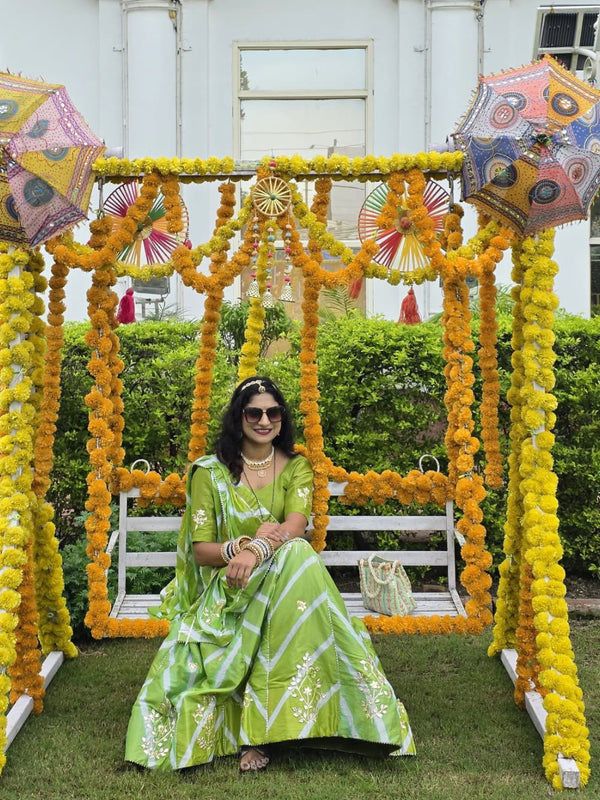 Pure Chinon leheriya lehenga with gota patti work