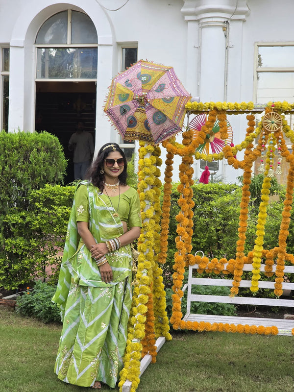 Pure Chinon leheriya lehenga with gota patti work