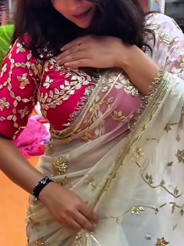 PURE CHIFFON GOLD BOOTA SAREE WITH AANGI BLOUSE