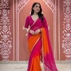 Half Pure Shiffon Patra Mirror Handwork Saree