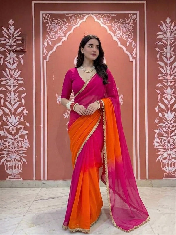 Half Pure Shiffon Patra Mirror Handwork Saree