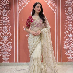 PURE CHIFFON GOLD BOOTA SAREE WITH AANGI BLOUSE