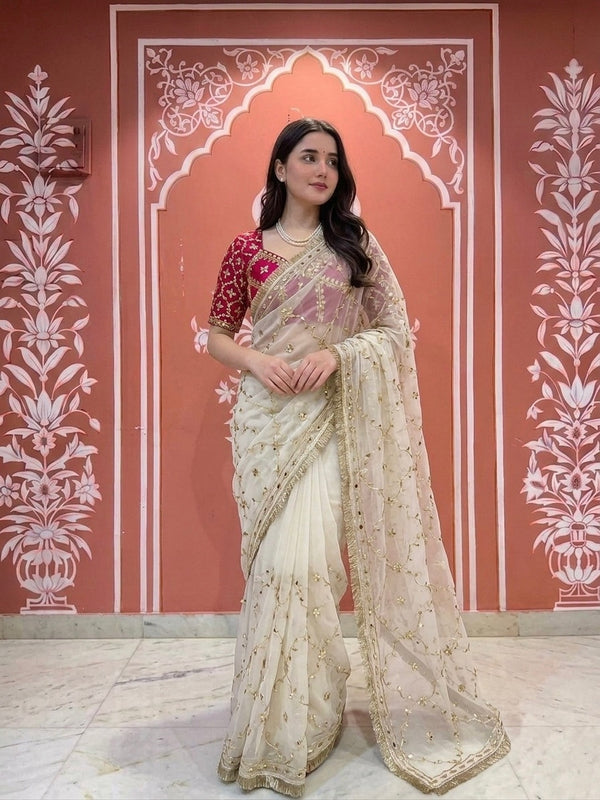 PURE CHIFFON GOLD BOOTA SAREE WITH AANGI BLOUSE