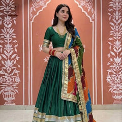 Pure Gazi Satin Silk Big Flare Lehenga with Pure Chinon Zari work Multicolour Dupatta