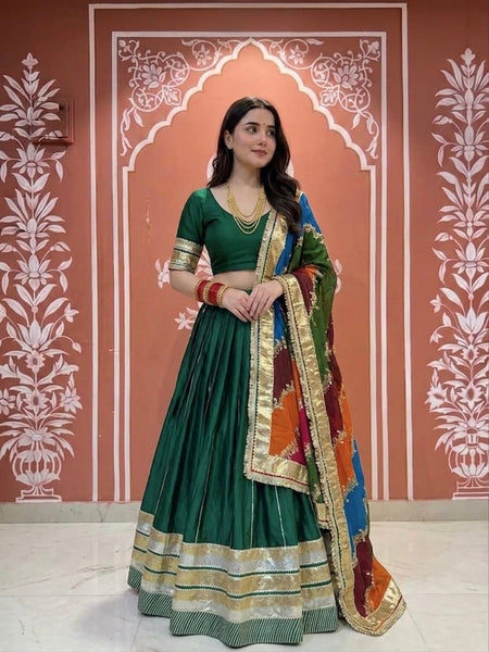 Pure Gazi Satin Silk Big Flare Lehenga with Pure Chinon Zari work Multicolour Dupatta