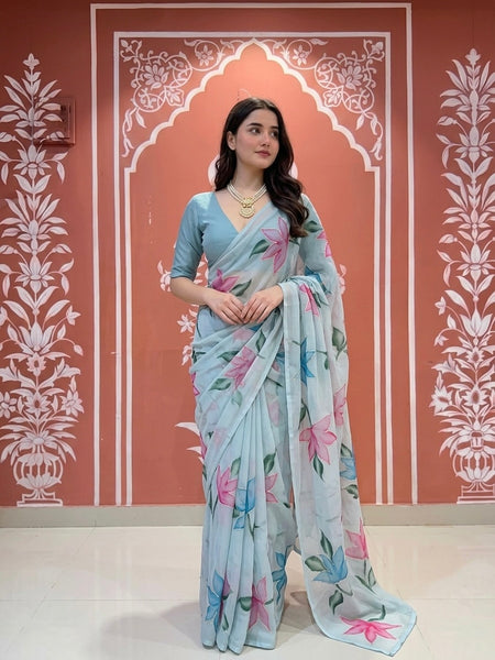 Multi Colour Handwork Chiffon Saree