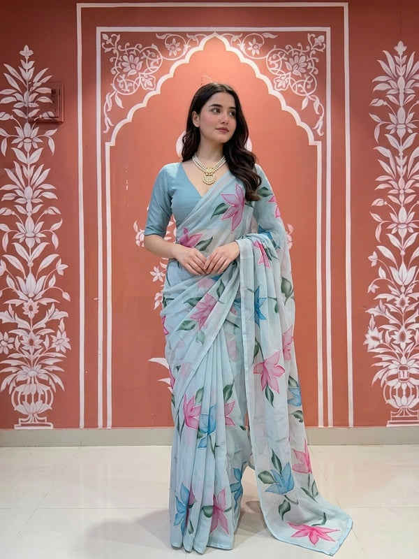 Multi Colour Handwork Chiffon Saree