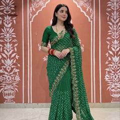 SEMI CHIFFON BANDHANI PITTAN WORK SAREE
