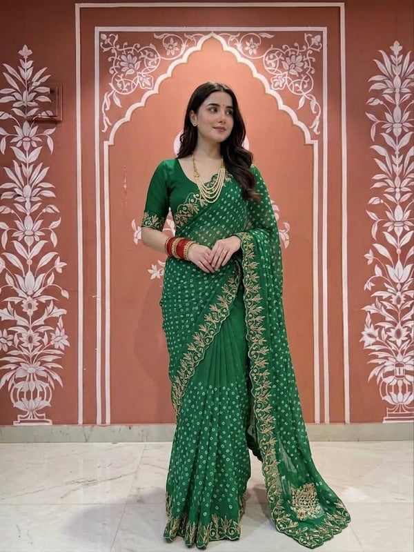 SEMI CHIFFON BANDHANI PITTAN WORK SAREE