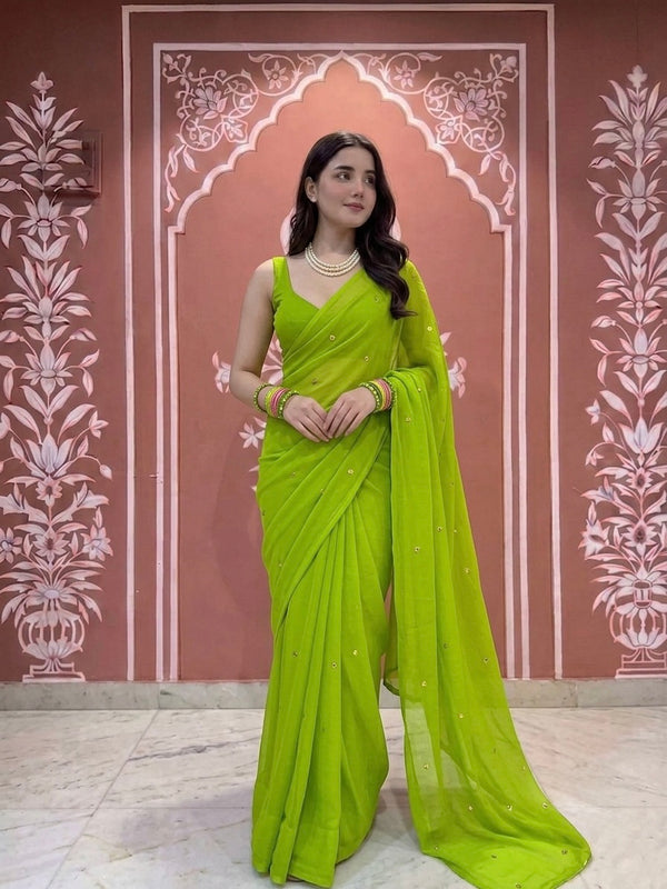Pure Handwork Sequence Semi Chiffon saree