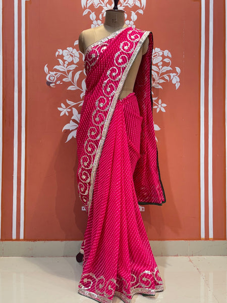 CXC GEORGETTE MOTHRA LEHERIYA GOTA PATTI SAREE