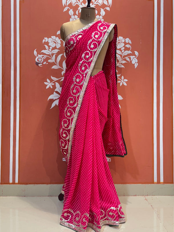 CXC GEORGETTE MOTHRA LEHERIYA GOTA PATTI SAREE