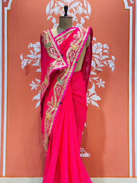 LEHERIYA MOTHRA GOTA PATTI HANDWORK SAREE