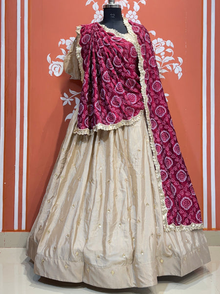PURE CHINON LEHENGA WITH BHANDEJ DUPATTA AND STITCHED BLOUSE