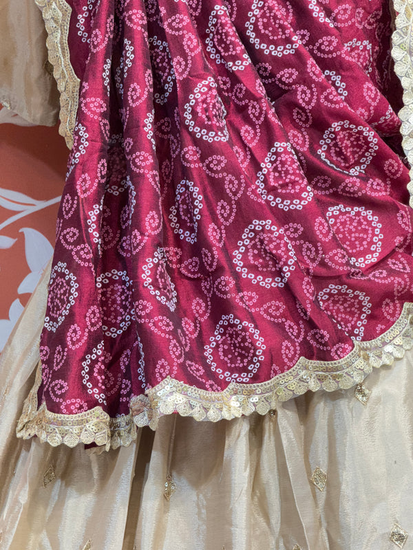 PURE CHINON LEHENGA WITH BHANDEJ DUPATTA AND STITCHED BLOUSE