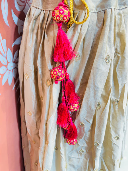 PURE CHINON LEHENGA WITH BHANDEJ DUPATTA AND STITCHED BLOUSE