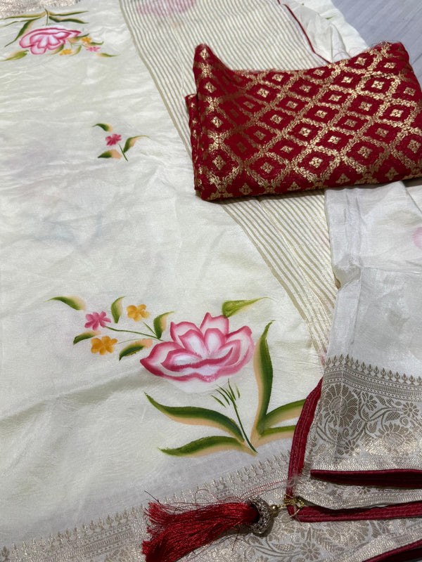 PURE RUSSIAN SILK HANDBRUSH PRINT SAREE