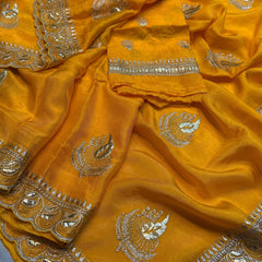Elegant Pure Silk Handcrafted Saree with Traditional Gota Work Border