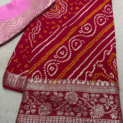 RUSSIAN SILK ZARI LEHERIYA BHANDEJ SAREE