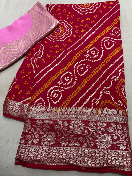 RUSSIAN SILK ZARI LEHERIYA BHANDEJ SAREE