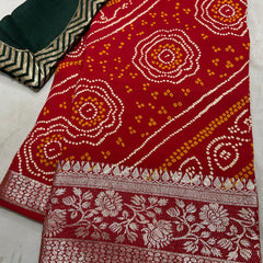 RUSSIAN SILK ZARI LEHERIYA BHANDEJ SAREE