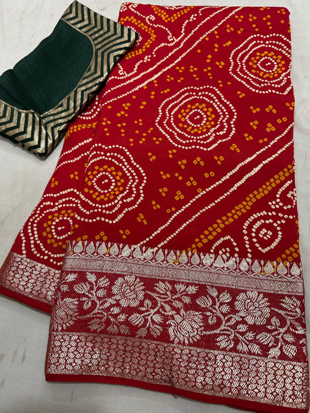 RUSSIAN SILK ZARI LEHERIYA BHANDEJ SAREE