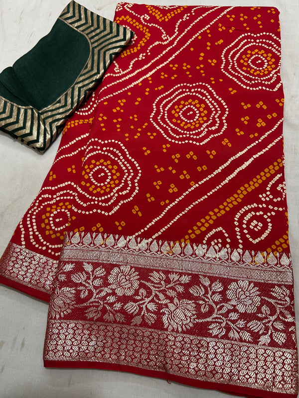 RUSSIAN SILK ZARI LEHERIYA BHANDEJ SAREE