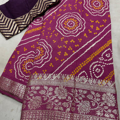 RUSSIAN SILK ZARI LEHERIYA BHANDEJ SAREE