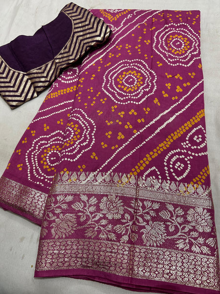 RUSSIAN SILK ZARI LEHERIYA BHANDEJ SAREE