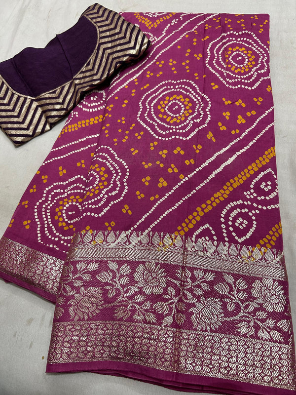 RUSSIAN SILK ZARI LEHERIYA BHANDEJ SAREE
