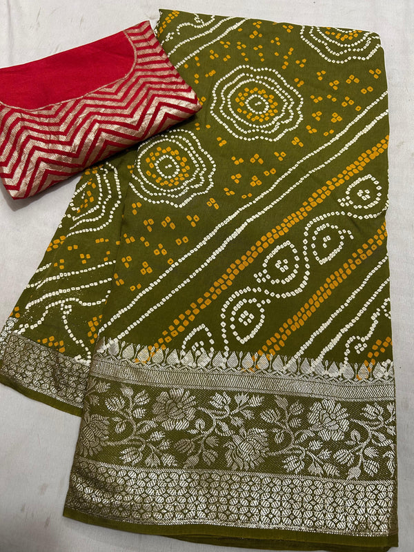 RUSSIAN SILK ZARI LEHERIYA BHANDEJ SAREE