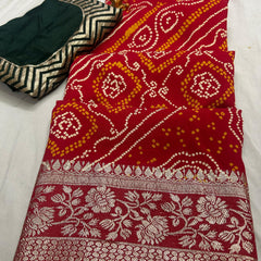 RUSSIAN SILK ZARI LEHERIYA BHANDEJ SAREE