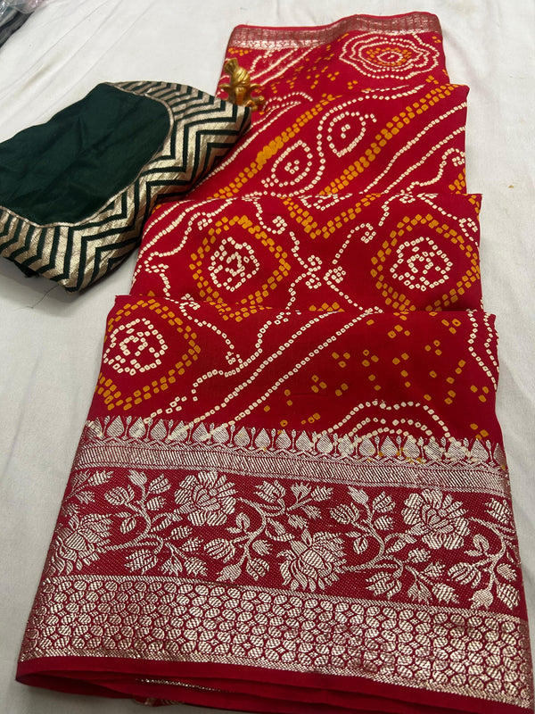 RUSSIAN SILK ZARI LEHERIYA BHANDEJ SAREE