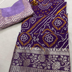 RUSSIAN SILK ZARI LEHERIYA BHANDEJ SAREE