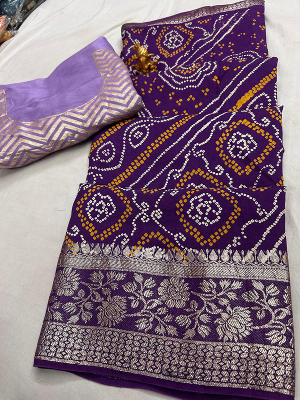 RUSSIAN SILK ZARI LEHERIYA BHANDEJ SAREE